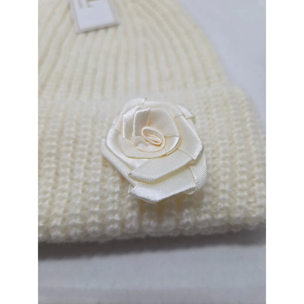 S&L Style and Luxe Cream Knit Beanie Satin Rose Rosette Winter Hat Ivory OS